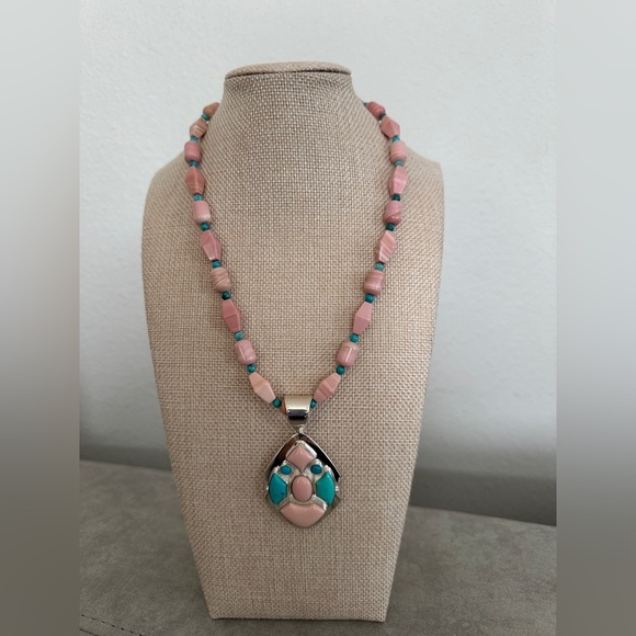 Turquoise and pink beaded necklace with gorgeous pendant! By Jay King - Picture 3 of 11